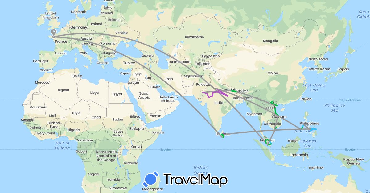 TravelMap itinerary: driving, bus, plane, train, boat, motorbike in France, India, Sri Lanka, Malaysia, Nepal, Philippines, Vietnam (Asia, Europe)